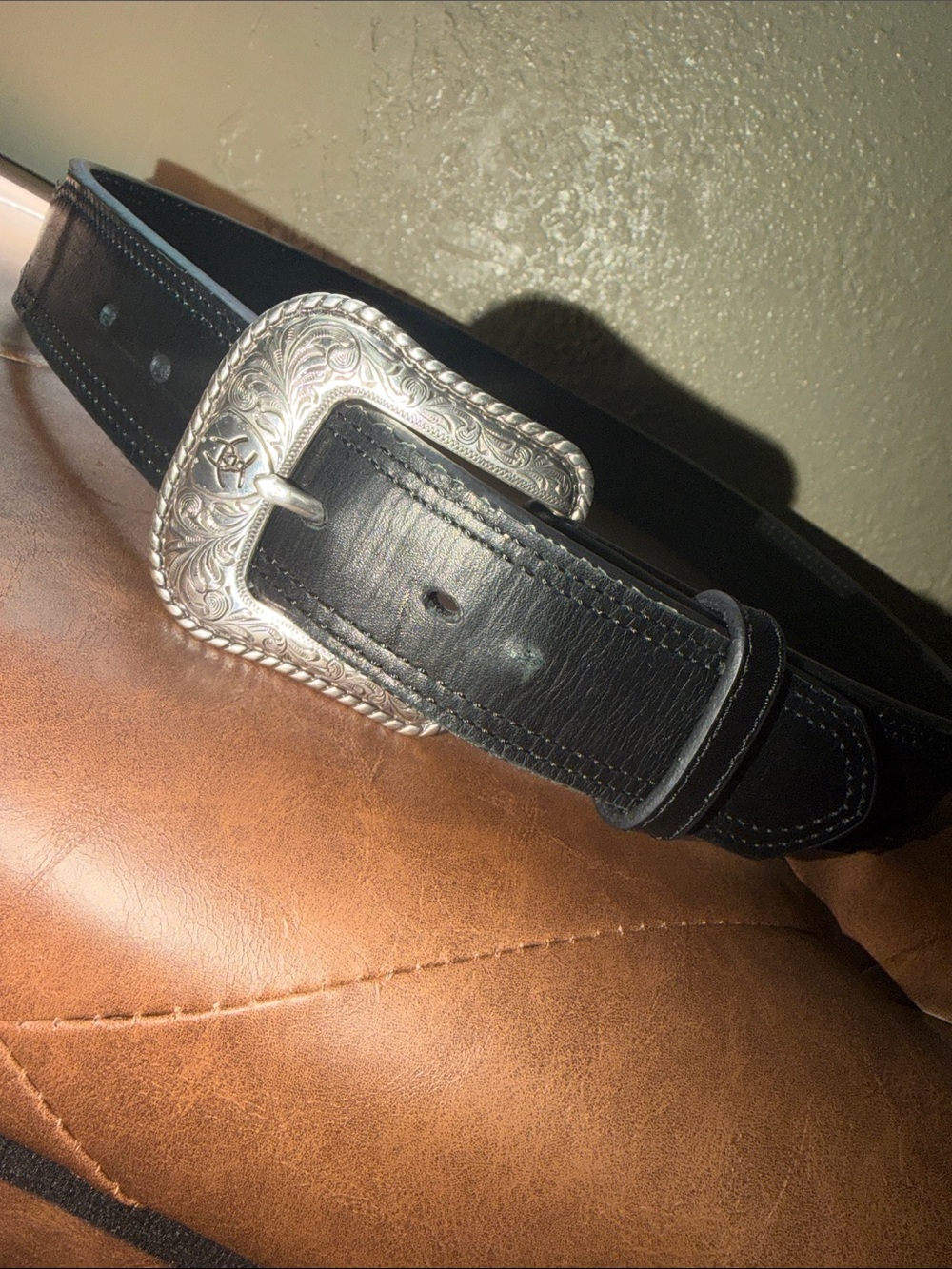 Ariat Black Leather Belt with Ornate Silver Buckle